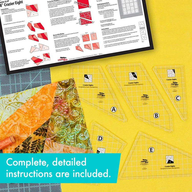 Creative Grids Non-Slip Crazier Eight 8" 5 pc Ruler Set with FREE Pattern