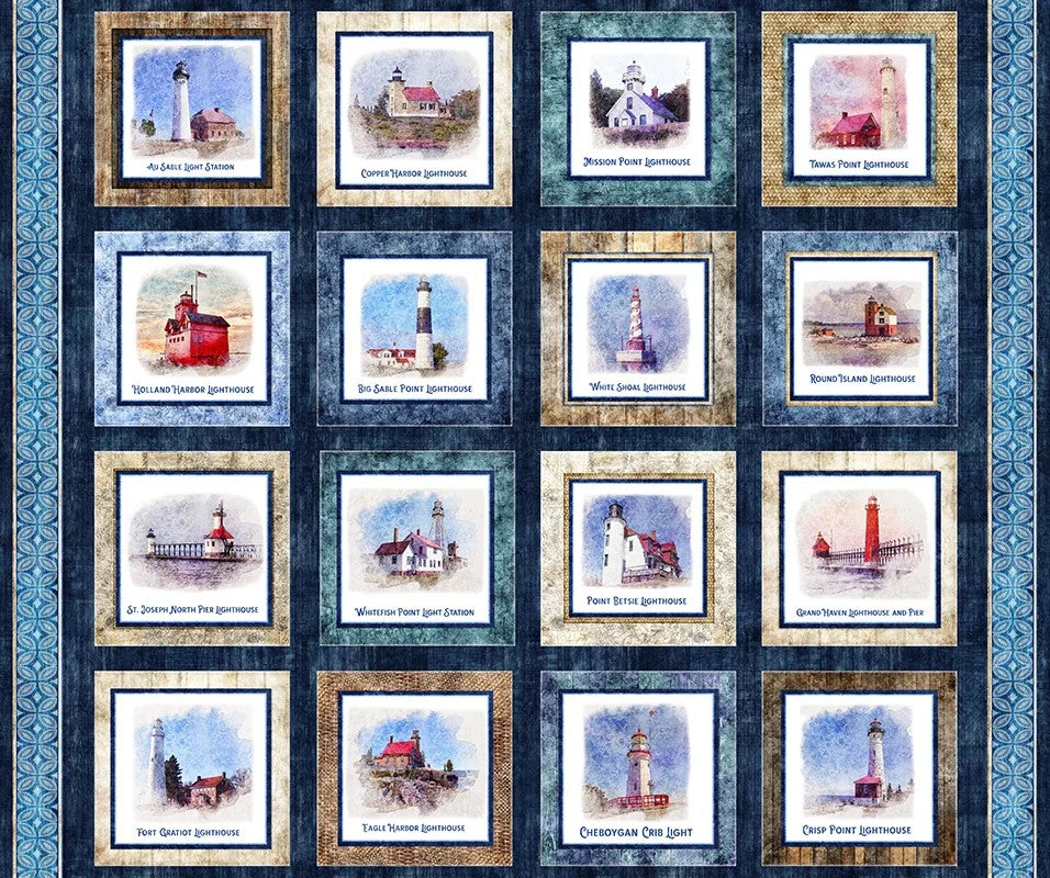 All Michigan Shop Hop 16 Light Houses Tile Panel 36" x 45" - PRE-ORDER NOW! Available June 1, 2026
