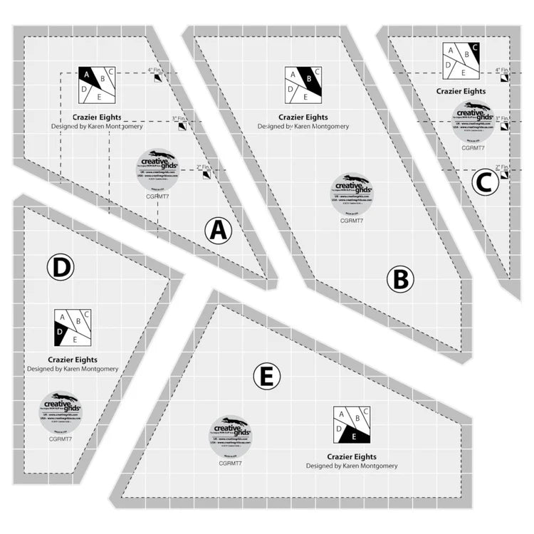 Creative Grids Non-Slip Crazier Eight 8" 5 pc Ruler Set with FREE Pattern