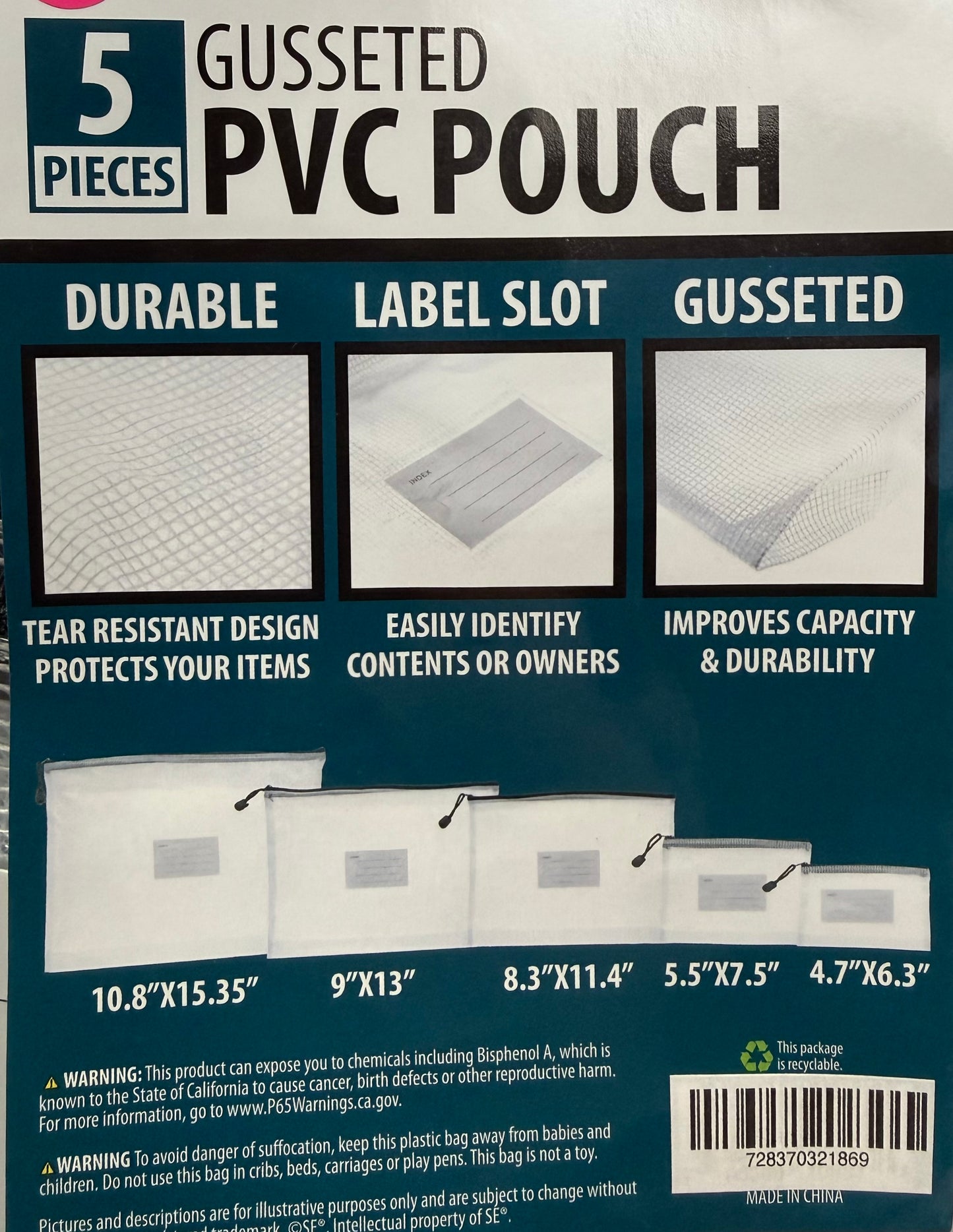 5 Piece Gusseted PVC Pouches